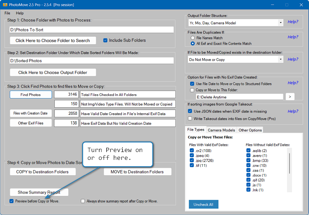 PhotoMove Step 4 with Preview before Copy or Move checkbox turned On